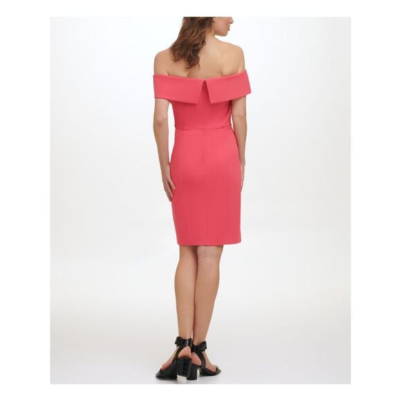 NWT CALVIN KLEIN Womens Coral Waistline Seam Fold Over Short Sleeve Dress 2 - Picture 2 of 5